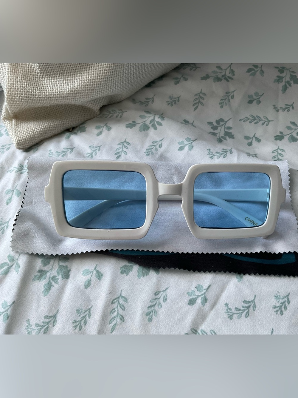 Blue Lens White Frame Rectangular Sunglasses
